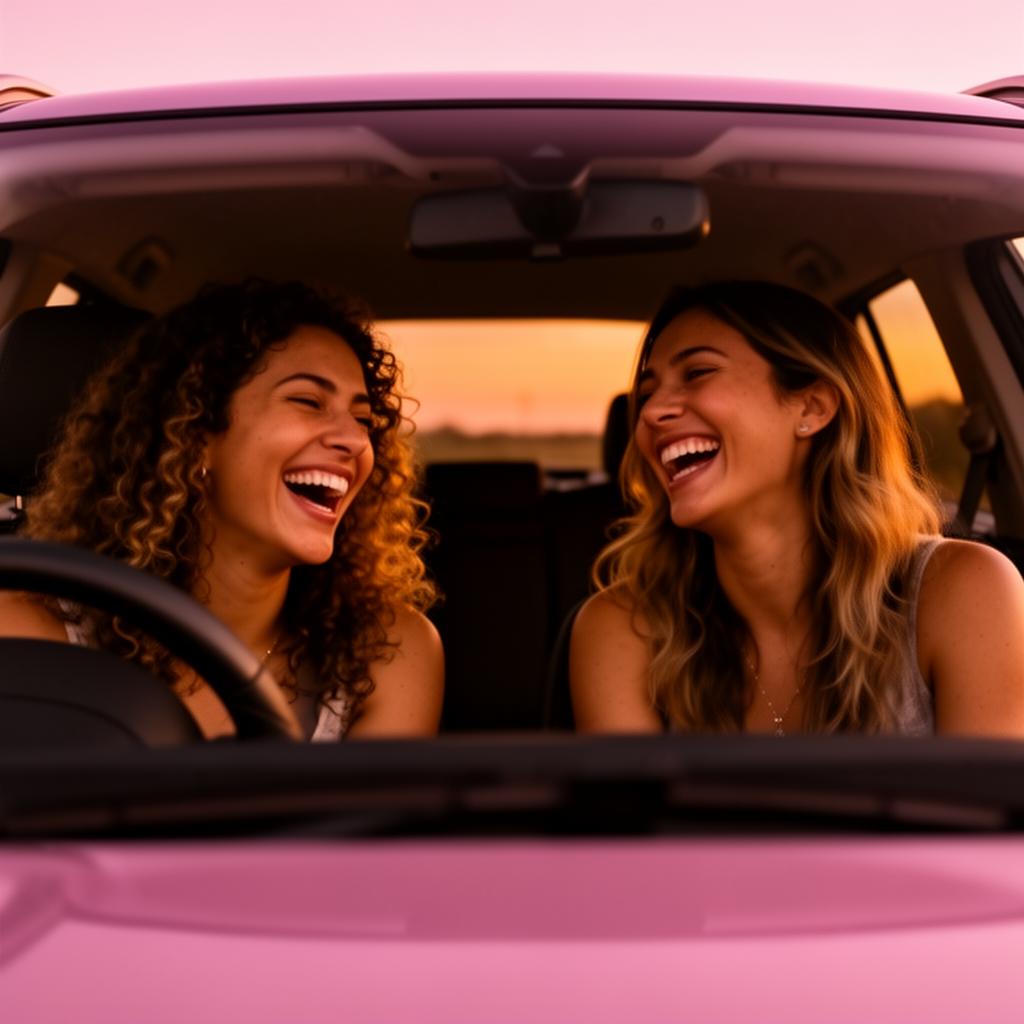 Duas mulheres sorrindo dentro de um carro confortável
