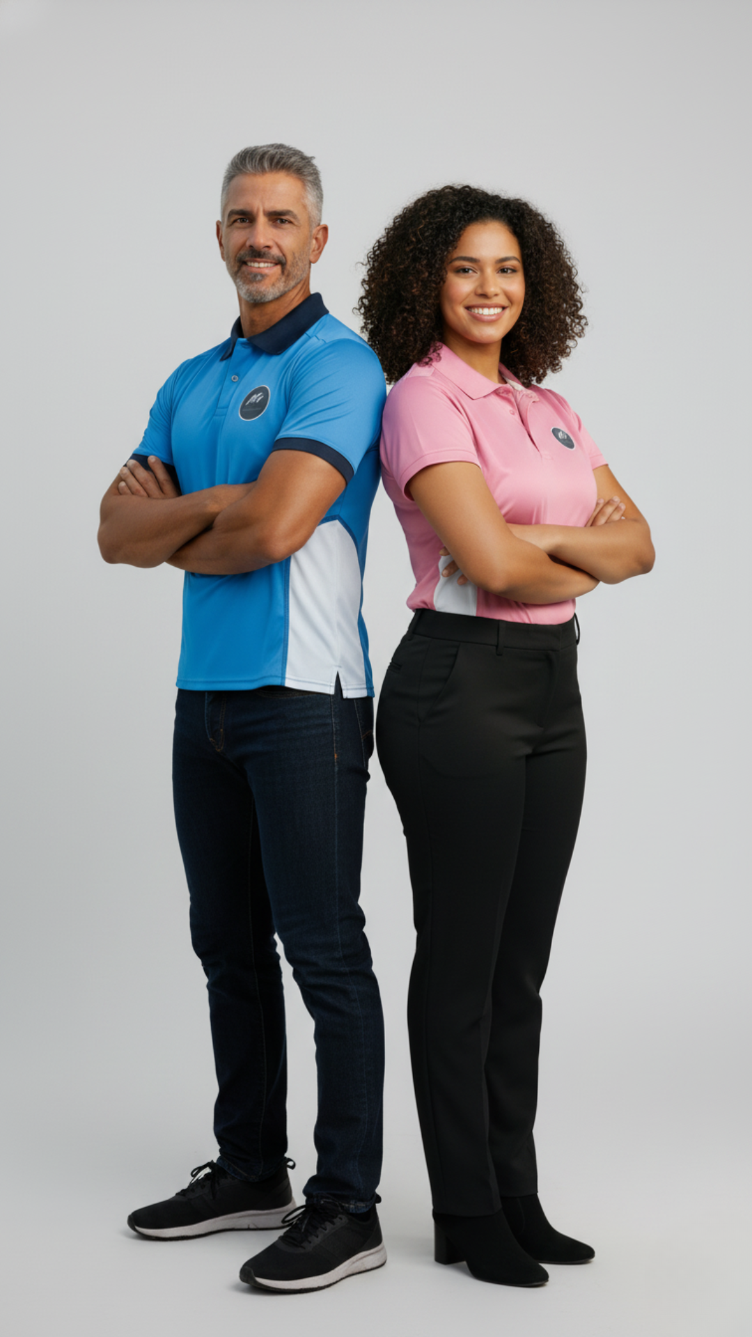 Equipe oficial Ms Transportes — motorista homem de uniforme azul e motorista mulher de uniforme rosa