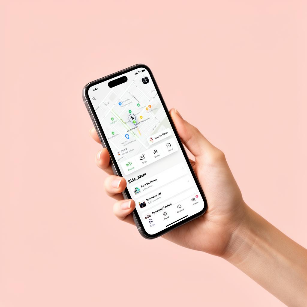 Mão segurando smartphone com aplicativo de transporte